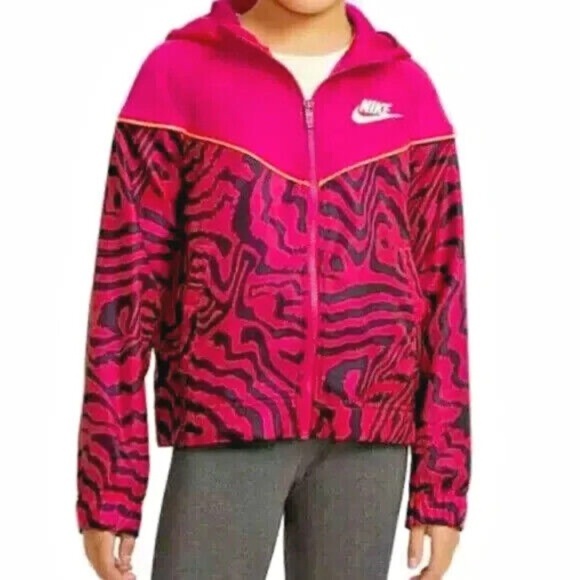 Nike Girls Magenta Zebra AOP Windrunner Jacket, Sz XL (12/14) Hooded - Picture 1 of 11